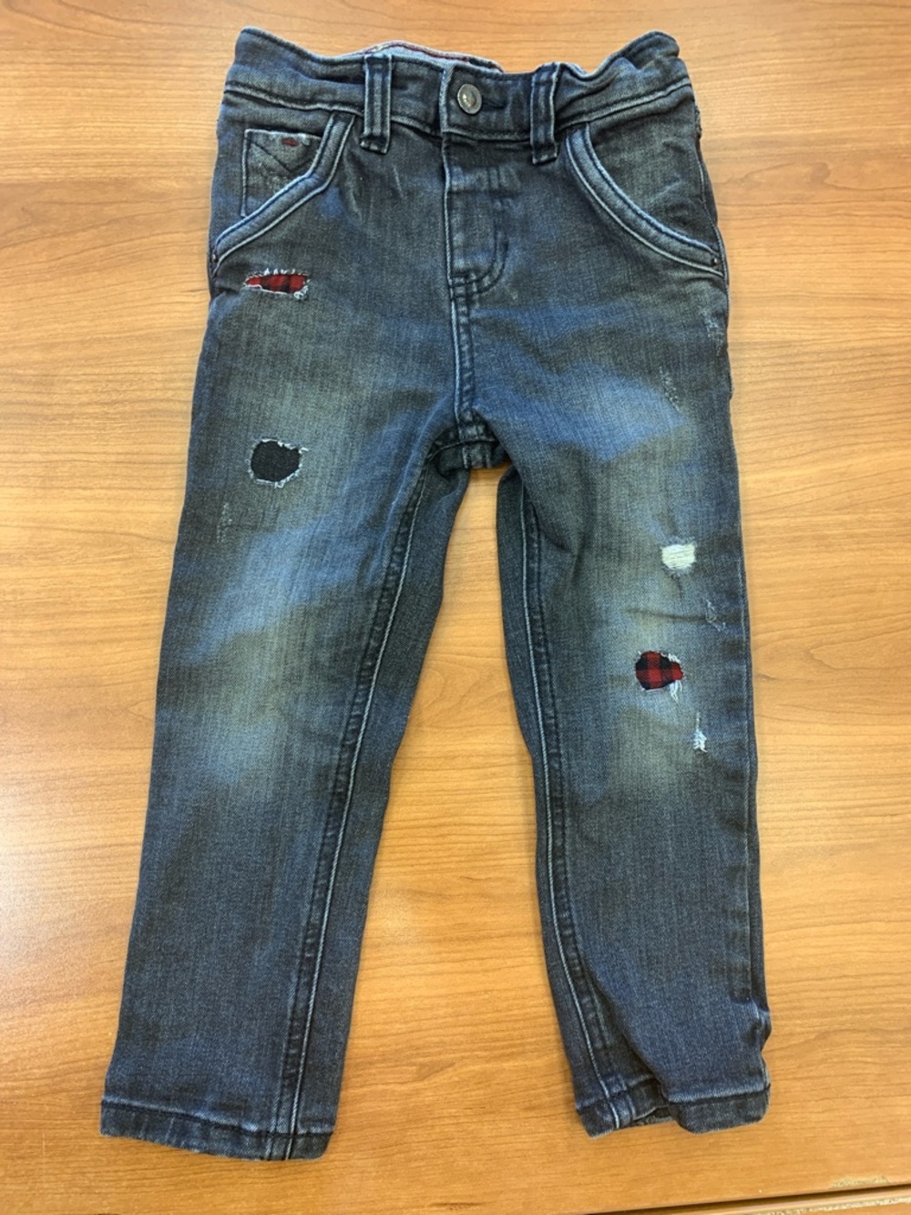 OshKosh B'gosh Faded Black Distressed Jeans with Red Plaid Patches